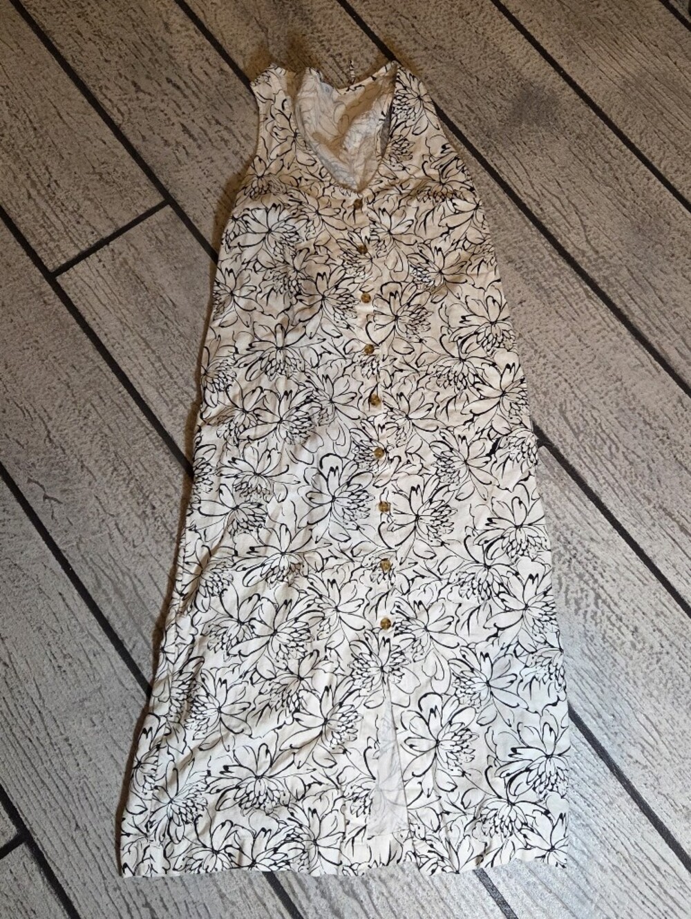 Linen Blend Old Navy White Maxi Dress with Black Floral Print Button Down Small